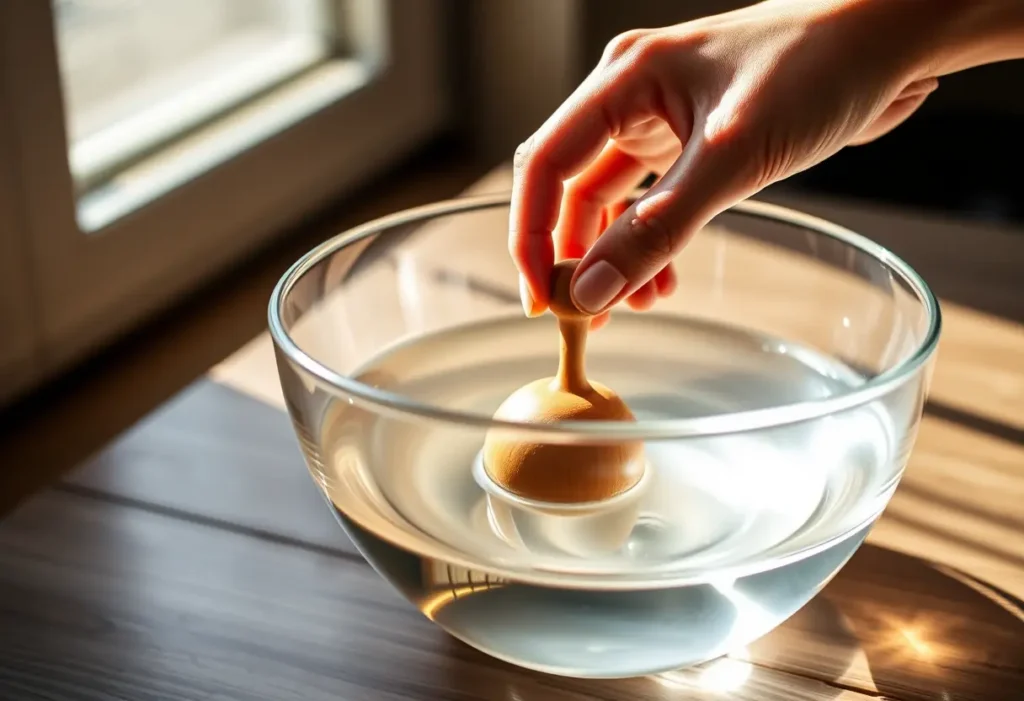 Maince boule de bois dans un bol en verre rempli d'eau chaude, mains posées sur le rebord