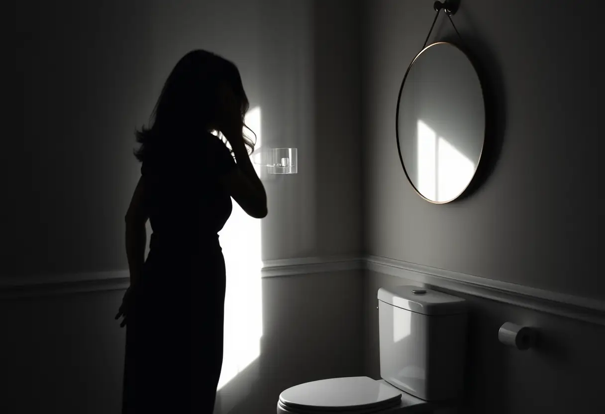 Silhouette d'une femme devant un miroir rond dans une salle de bains, reflétant sa propre image naturellement