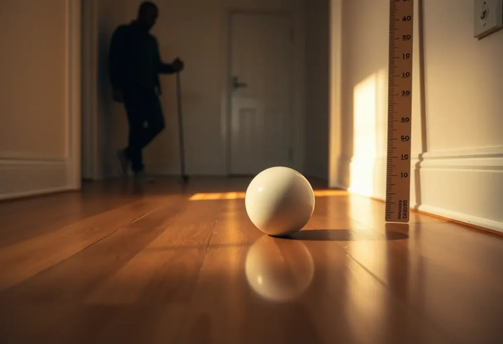 Boule de Kegel posée sur le sol avec un compas de mesure