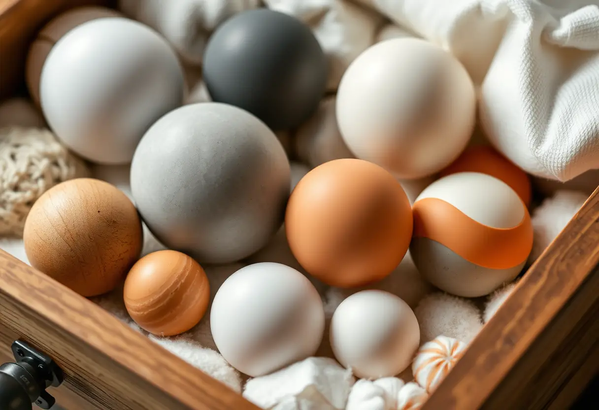 Tiroir contenant diverses boules de Kegel sur du coton