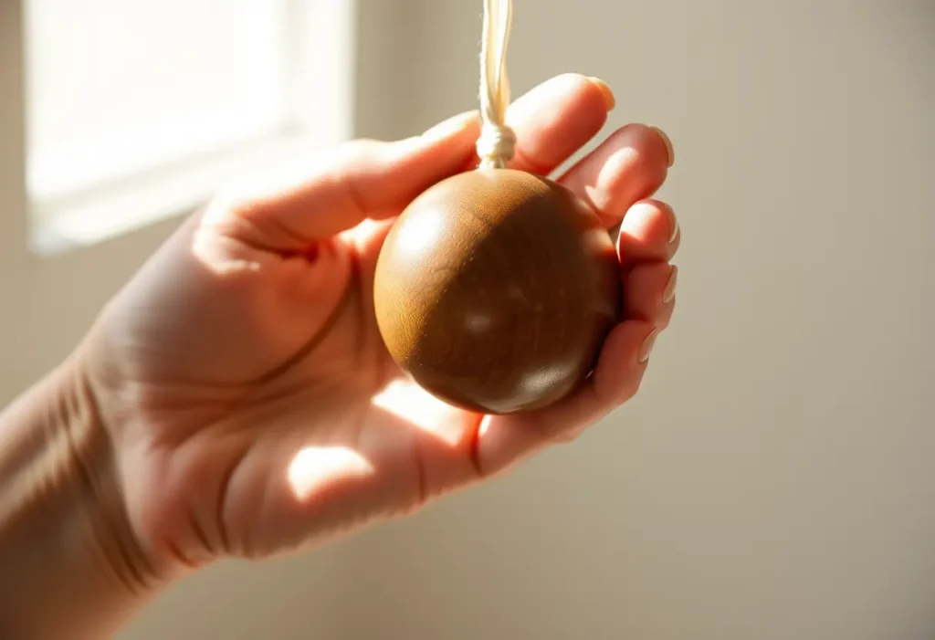 Main de femme tenant une boule en bois, symbole de soins doux et d'acceptation