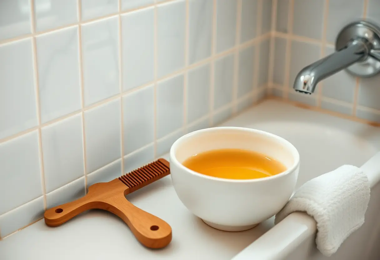Baignoire en céramique et peigne en bois dans une salle de bains apaisante, outils essentiels pour la propreté après l'utilisation des boules
