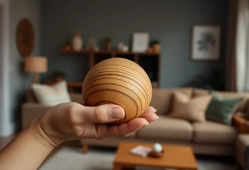 Une main féminine tient délicatement une balle en bois polie, dans une ambiance chaleureuse et accueillante, rappelant la rééducation périnéale.