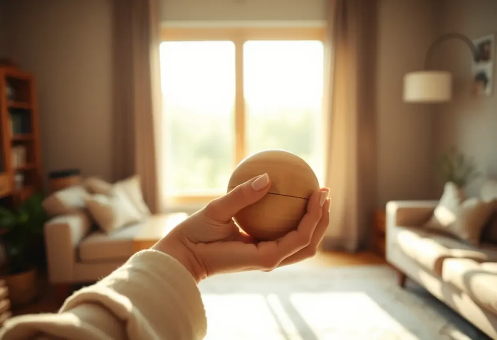 Une main féminine tient une boule de bois lisse dans un salon accueillant