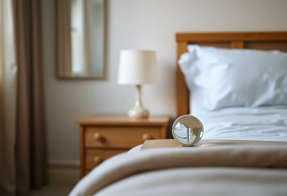 Une boule en verre posée sur une table de nuit dans une chambre ordonnée