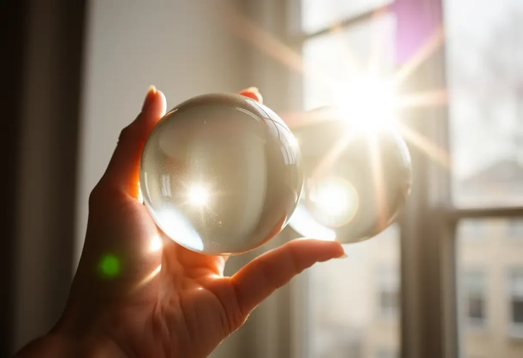 Des boules de verre lisses dans la main d'une femme, éclairées par la lumière naturelle
