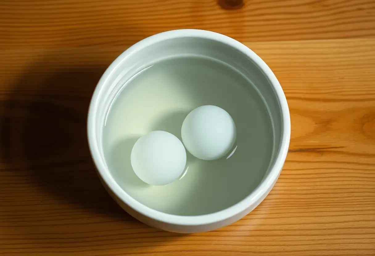 Un bol en céramique avec des boules de silicone flottant dedans sur une table en bois
