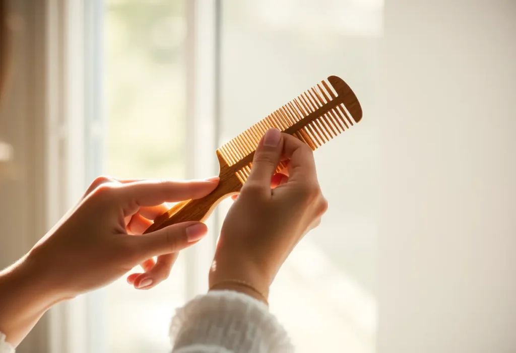 Une main féminine tient délicatement un peigne en bois, baignée de lumière chaude
