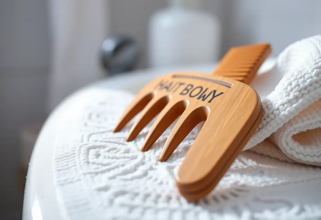 Brosse en bois posée sur un linge blanc pour le soin des cheveux