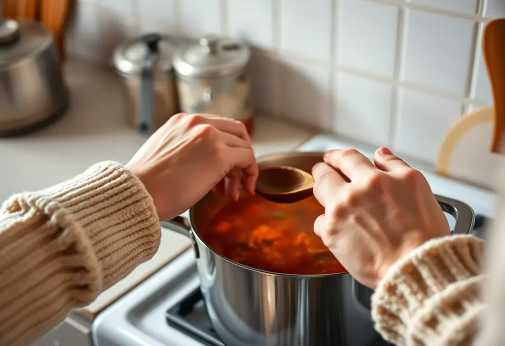 Main: Une main féminine tenant une cuillère en bois au-dessus d'une marmite de soupe, symbolisant le confort et la chaleur.