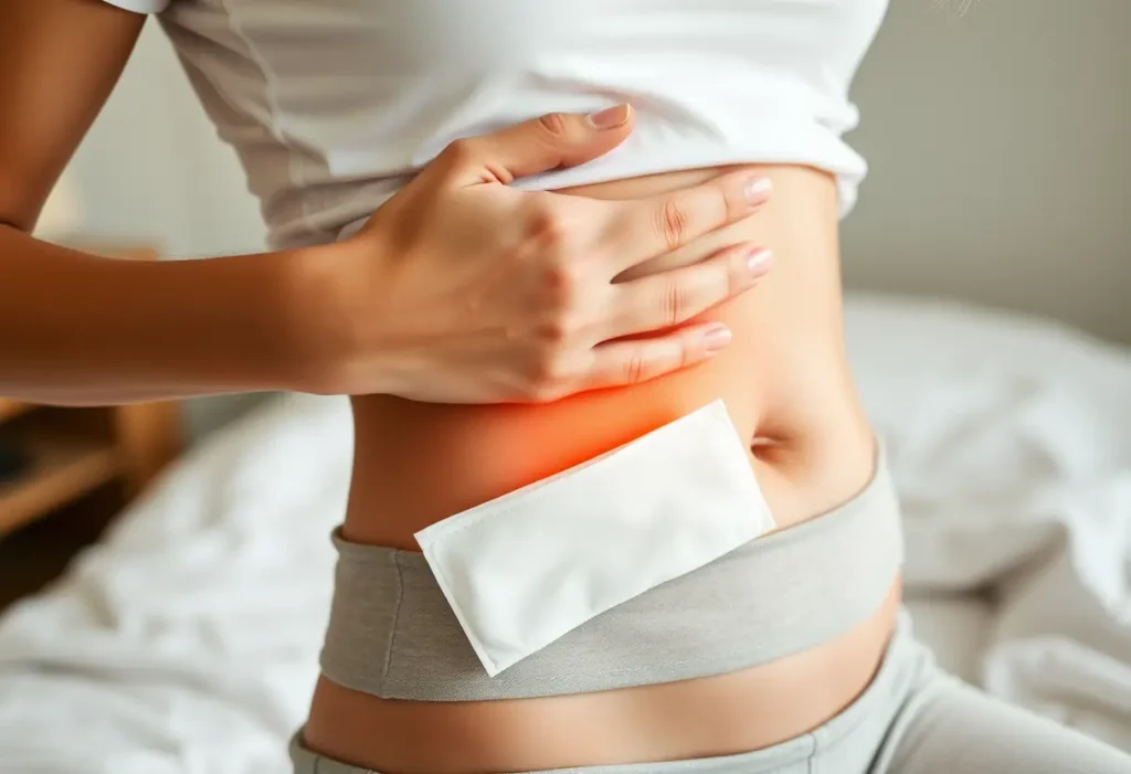 Main: une main posant une compresse chaude sur l'abdomen