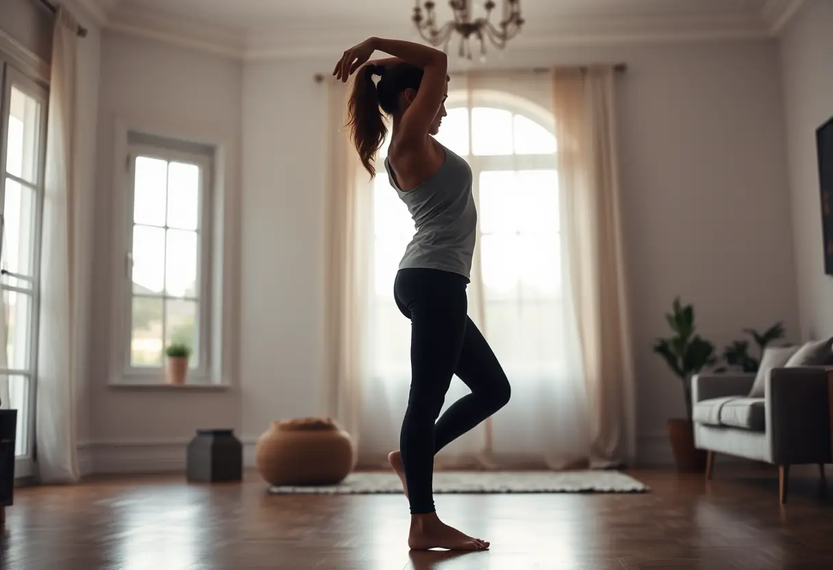 Main: une femme étirant dans un salon calme