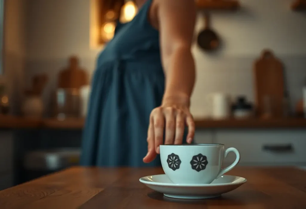 Un brouillard enveloppe une femme debout dans une cuisine, sa main repose sur une tasse de thé en porcelaine posée sur une table en bois.