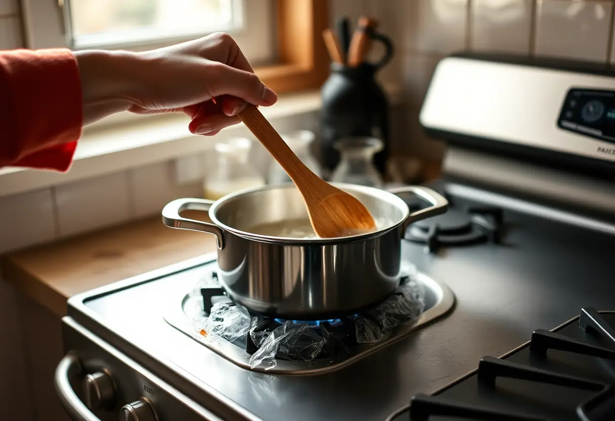 Une main féminine tenant une cuillère en bois au-dessus d'une marmite qui mijote, dans la cuisine