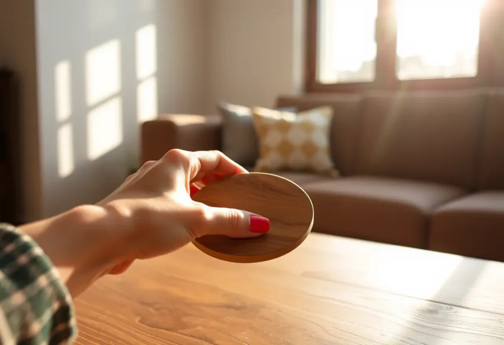 Main de femme tenant un petit plateau en bois rond