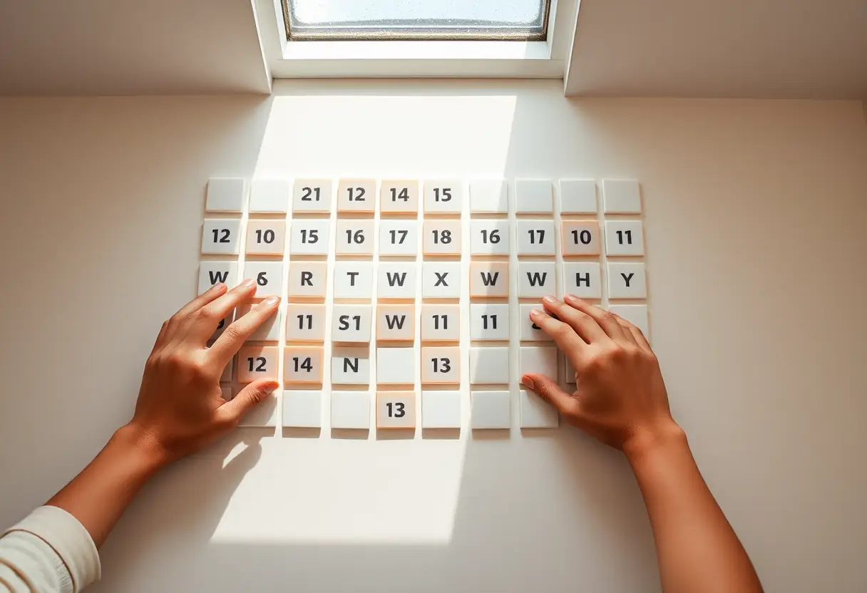 Mains disposant des carreaux carrés sur un mur, chaque carreau symbolisant un jour dans le cycle menstruel