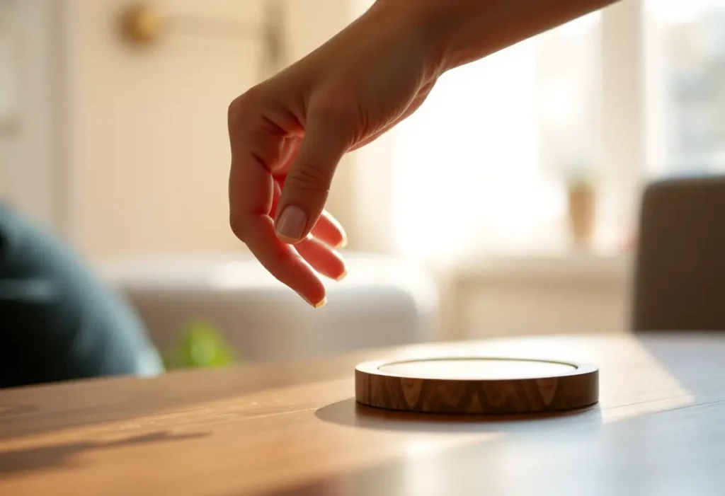 Une main posée sur un coussin ronds en bois, la lumière naturelle illumine la scène