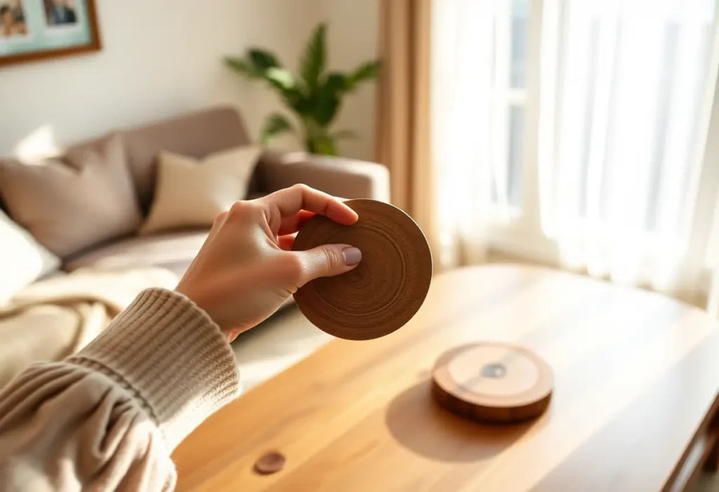 Une main féminine tient un petit plateau rond dans un salon accueillant