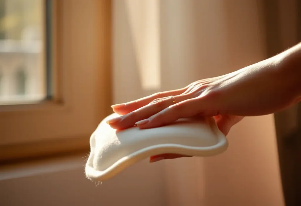 Main de femme pliant doucement une serviette hygiénique
