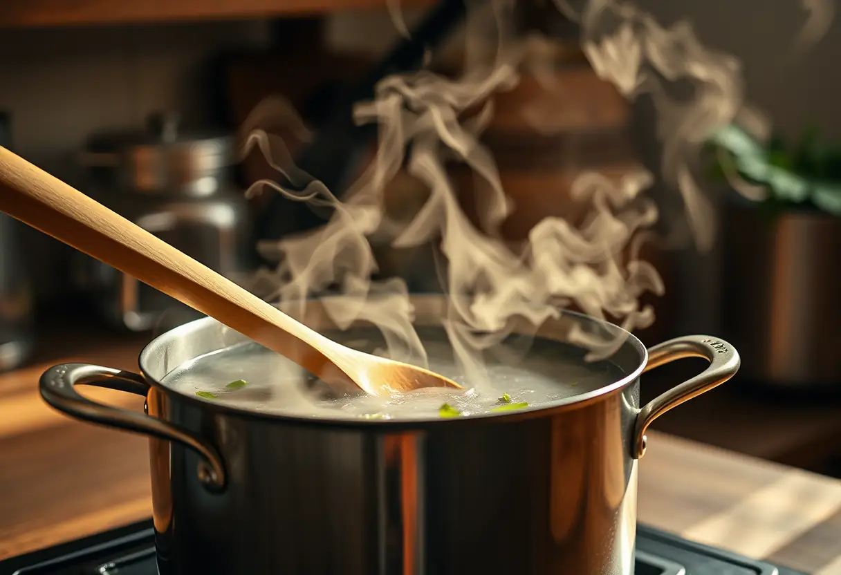 Cuillère en bois remuant une infusion dans la cuisine