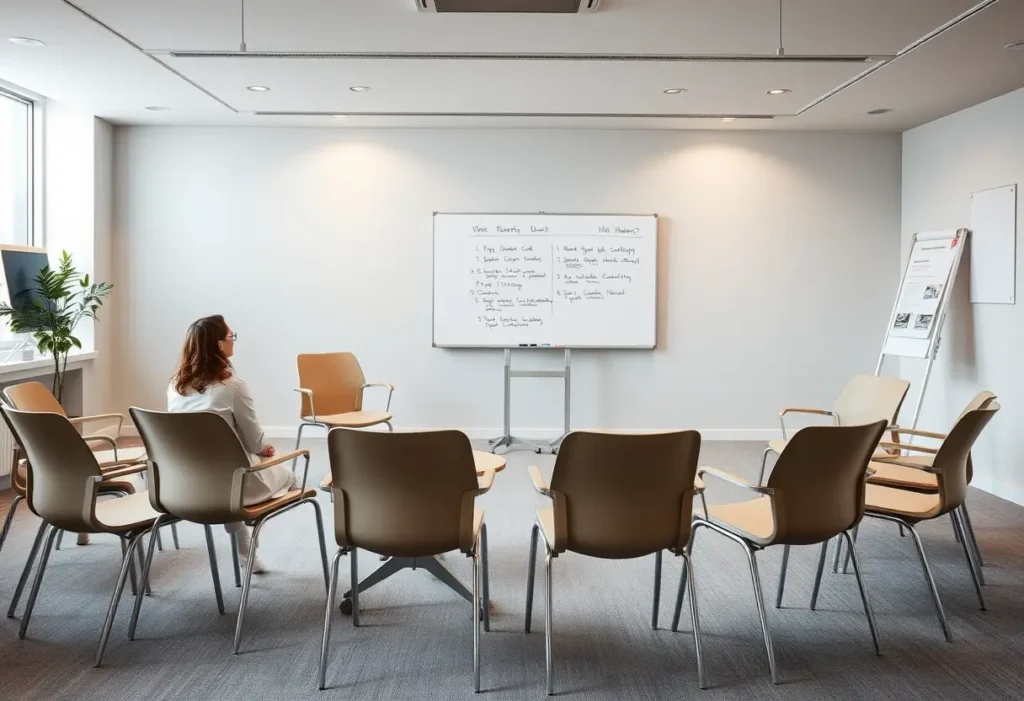 Une salle de réunion avec des notes sur un tableau blanc