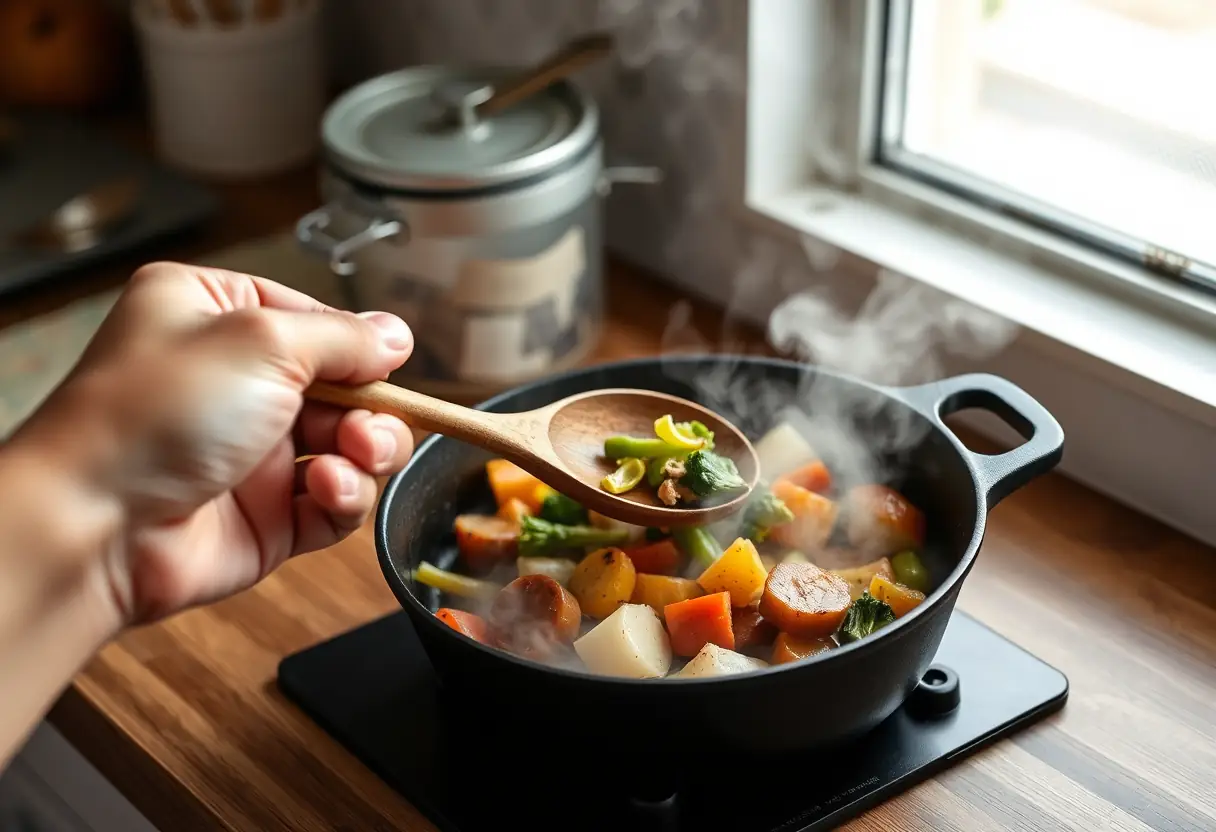 Une main tenant une cuillère en bois au-dessus d'une poêle remplie de légumes, bien-être et acceptation de soi
