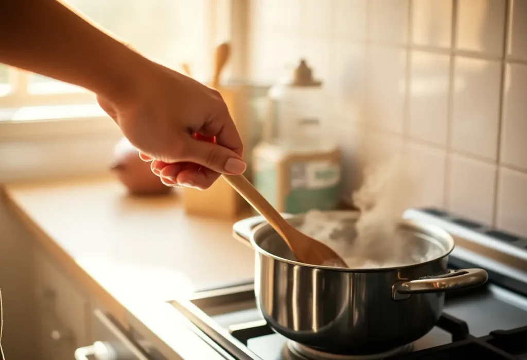 Une main tient une cuillère dans une cuisine, éclairée par la lumière du jour, éditorial sur la charge mentale