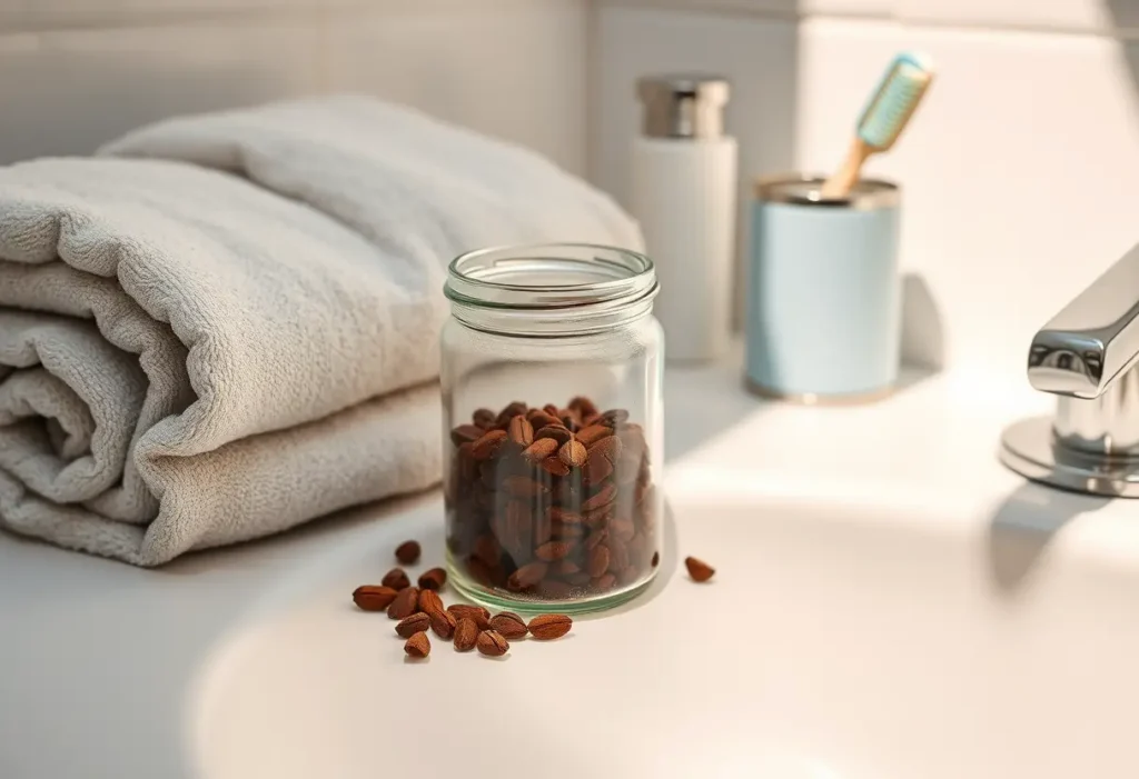 Un pot en verre rempli de morceaux de cacao sur un lavabo de salle de bains, éclairé par la lumière du matin