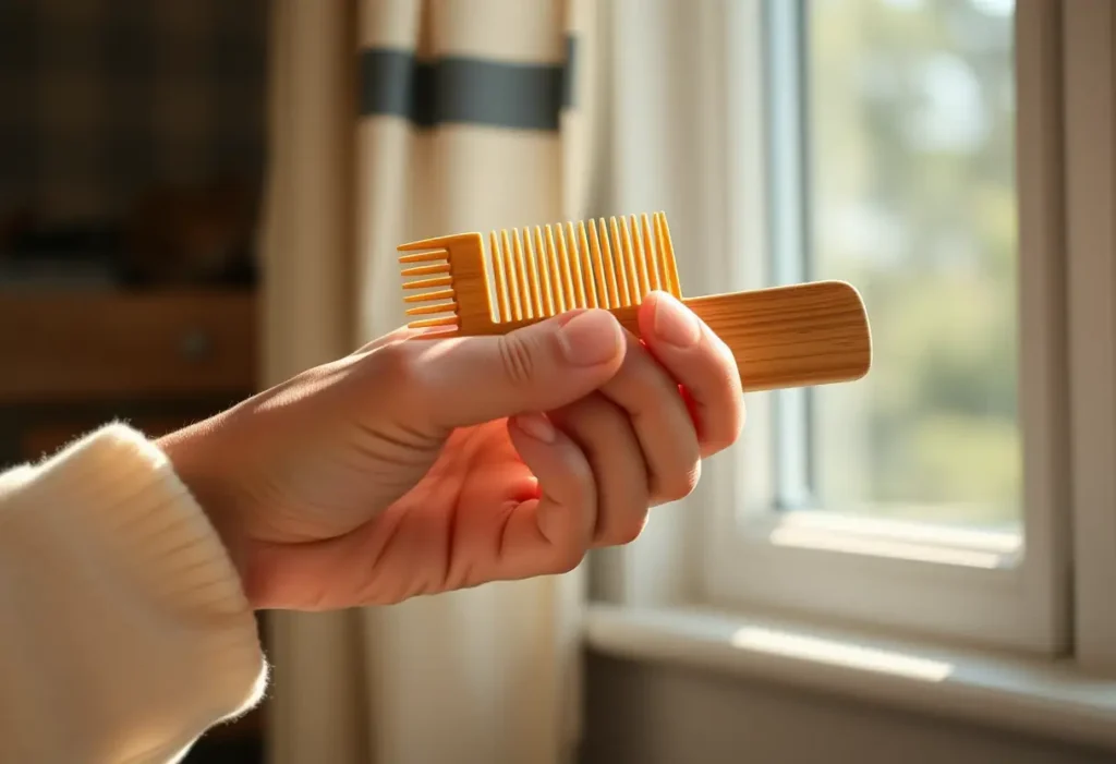 Une main tenant délicatement un peigne en bois dans un environnement chaleureux et apaisant