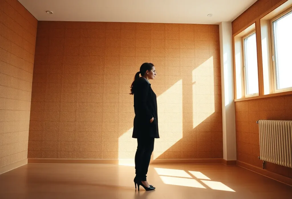 Silhouette de femme debout contre un mur de liège, éclairée par la lumière naturelle