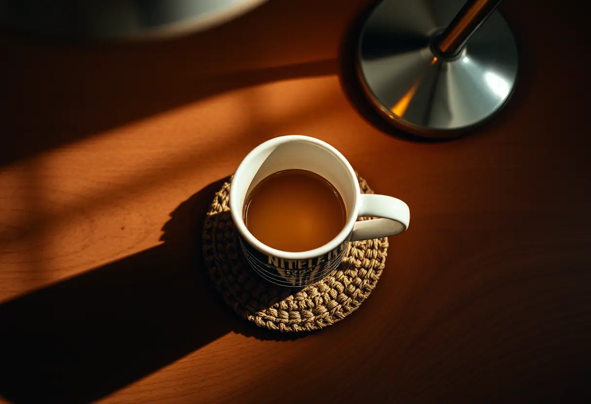 Vue d'ensemble d'une tasse de café posée sur un soucoupier, éclairée par la lumière d'une lampe proche
