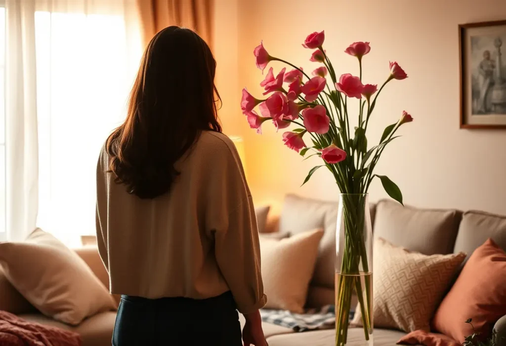 Un salon douillet avec une femme en silhouette près d'un vase de fleurs fraîches