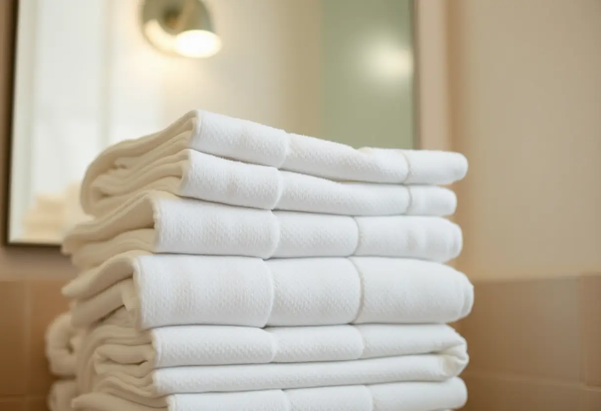 Une pile de serviettes pliées dans une salle de bains, accueillantes et douces