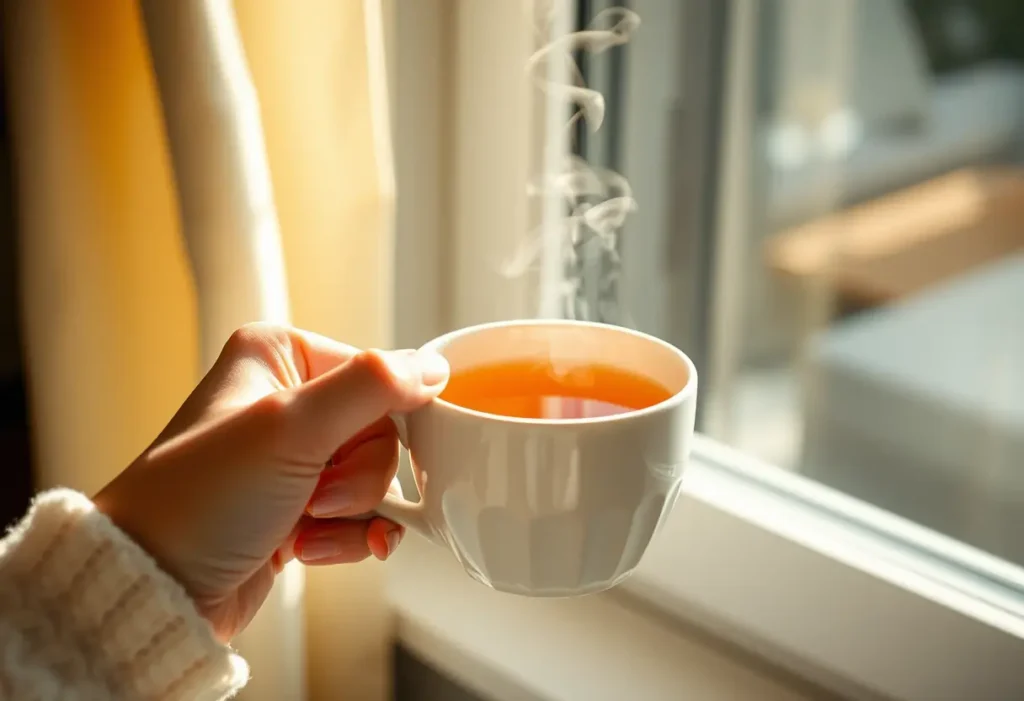 Une main tenant une tasse de thé chaud, symbolisant la douceur et la sérénité.