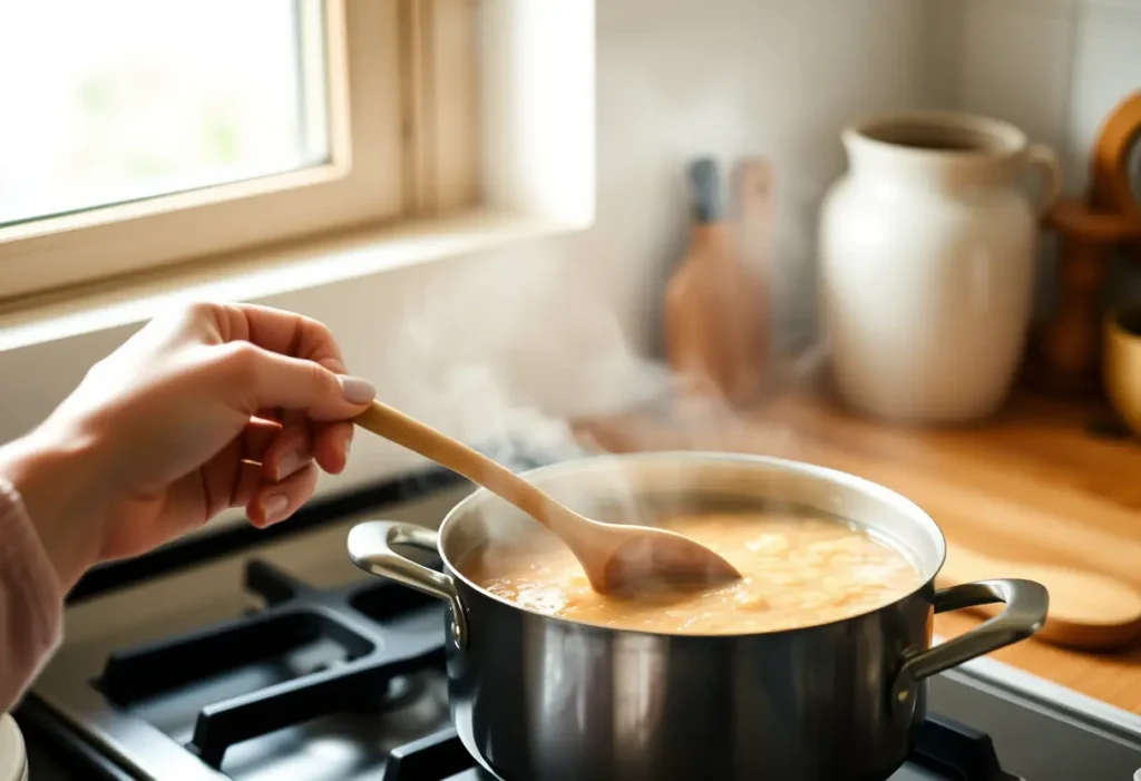 Une main féminine tient une cuillère en bois dans une cuisine accueillante
