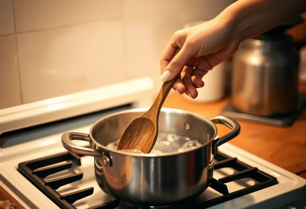 Une main tenant une cuillère en bois au-dessus d’une marmite bouillonnante, symbolisant la confiance en soi