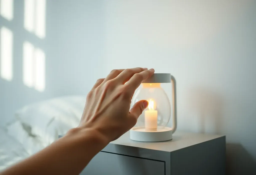 Une main ferme délicatement le couvercle d'une lampe de chevet, marquant la fin de la soirée et le début du repos.