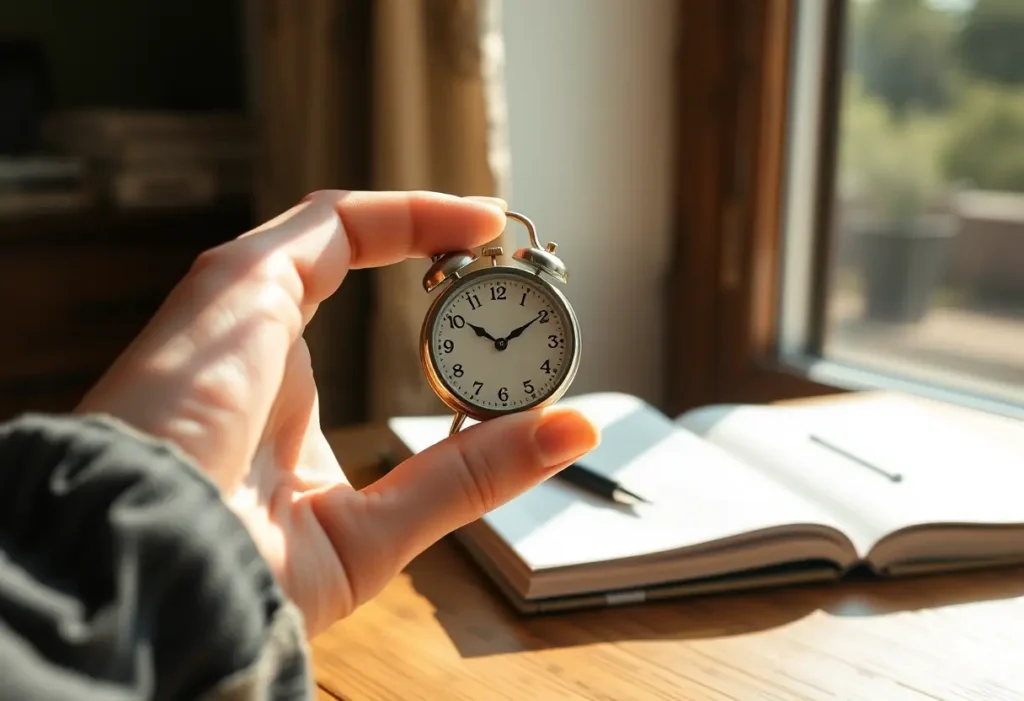 Une main tenant une montre ronde sur un bureau en bois, éclairée par la lumière du jour