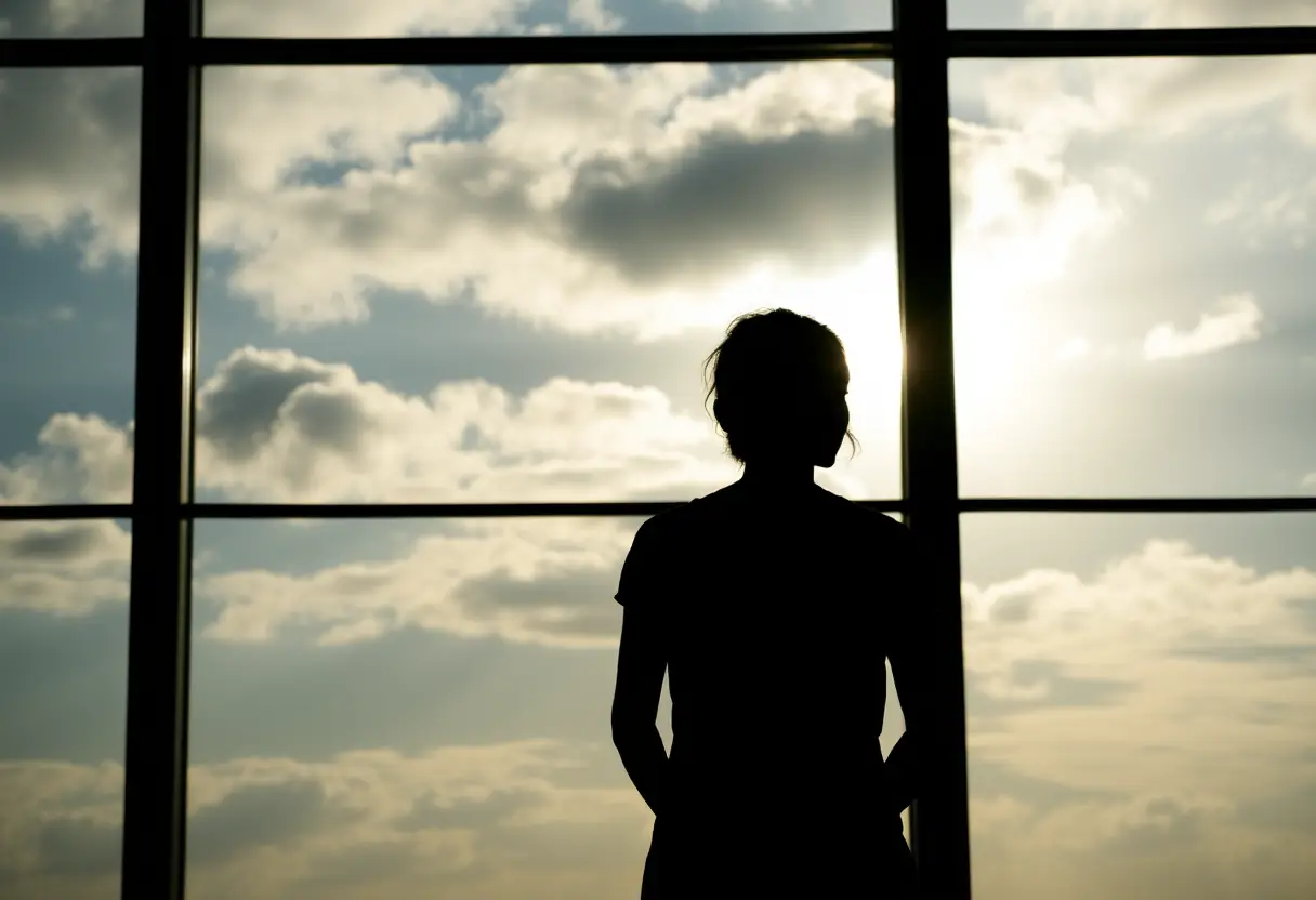 Un reflet de femme devant une grande fenêtre, le ciel à l'extérieur mélangeant nuages et soleil