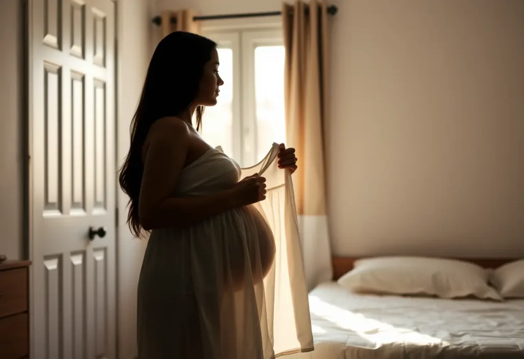 Une femme en silhouette dans sa chambre, tenant une chemise de nuit en coton, évoquant le repos nécessaire après l'accouchement.
