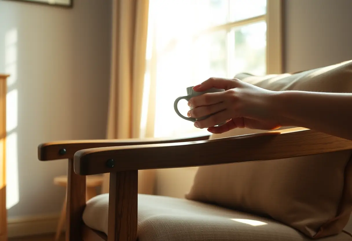 Une chaise en bois dans un salon, une main tient une tasse de thé, éclairée par la lumière naturelle.