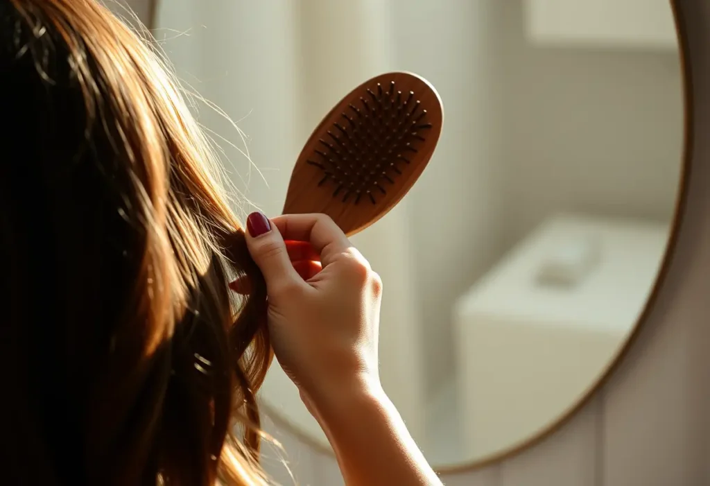 Une main tenant une brosse en bois devant un miroir, représentant la prise en charge de soi