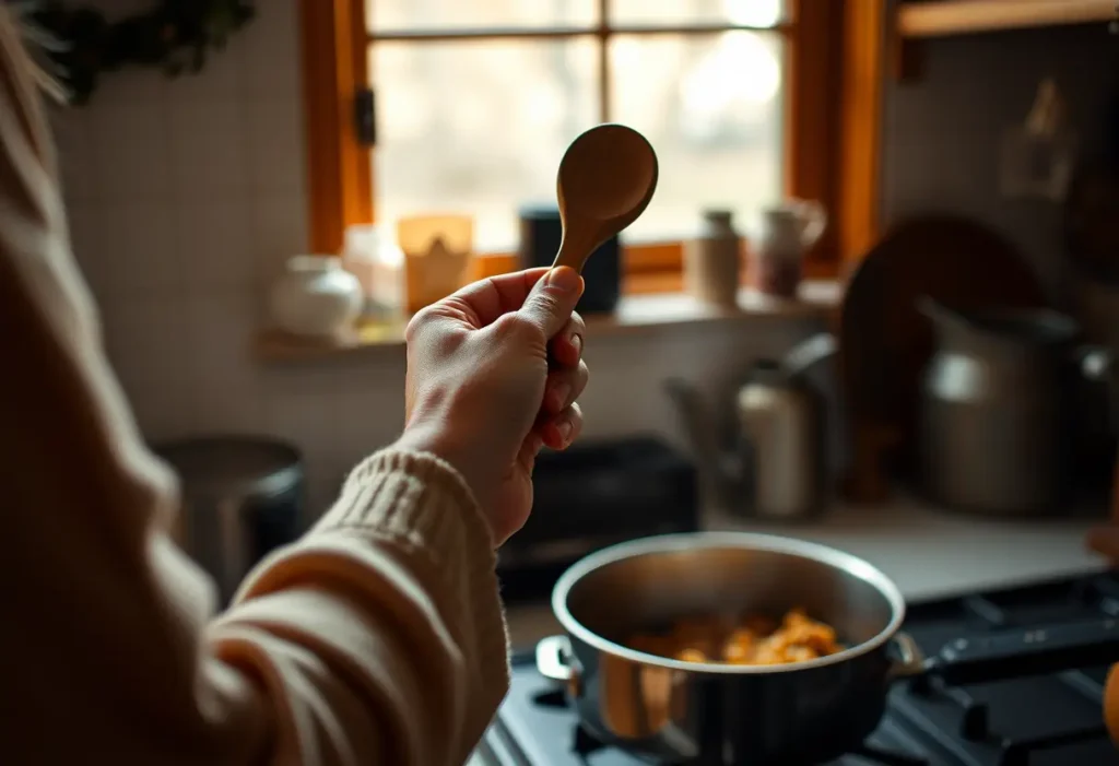 Une main féminine tenant une cuillère en bois dans une cuisine chaleureuse, éclairée par la lumière naturelle