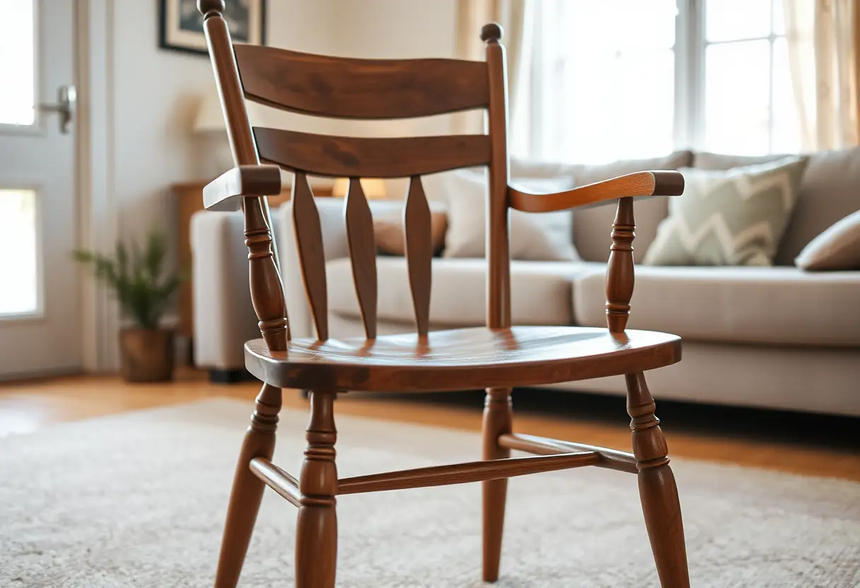 Un fauteuil en bois usé dans un salon, représentant le soutien et le confort durables