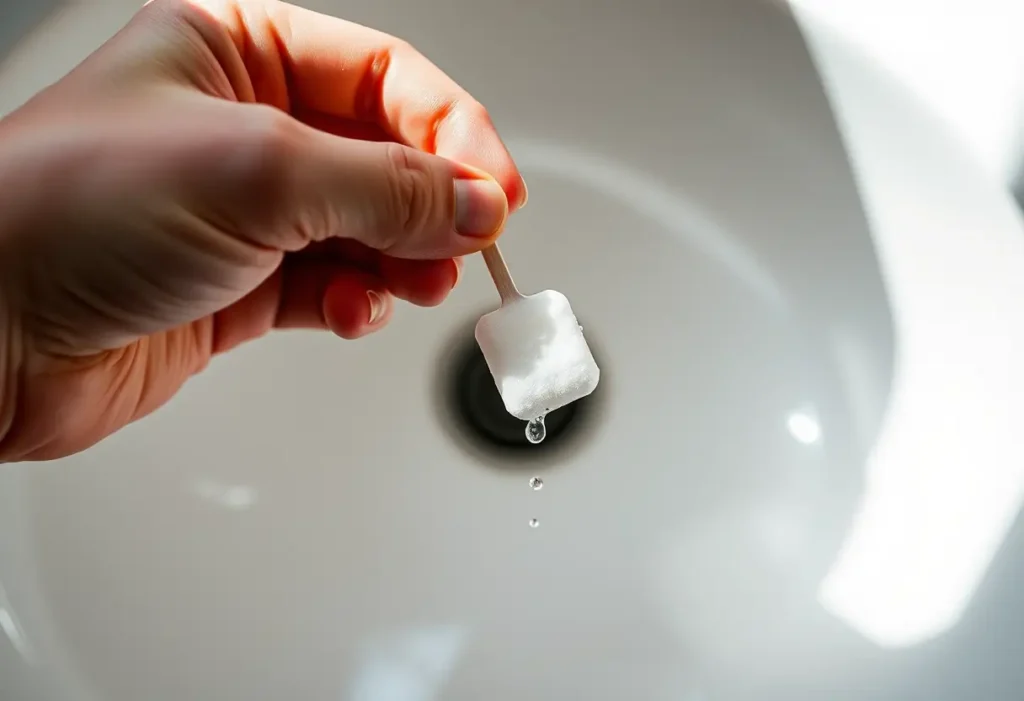 une main tenant un coton-tige au-dessus d'un lavabo, avec des gouttes d'eau qui se collent au coton-tige.