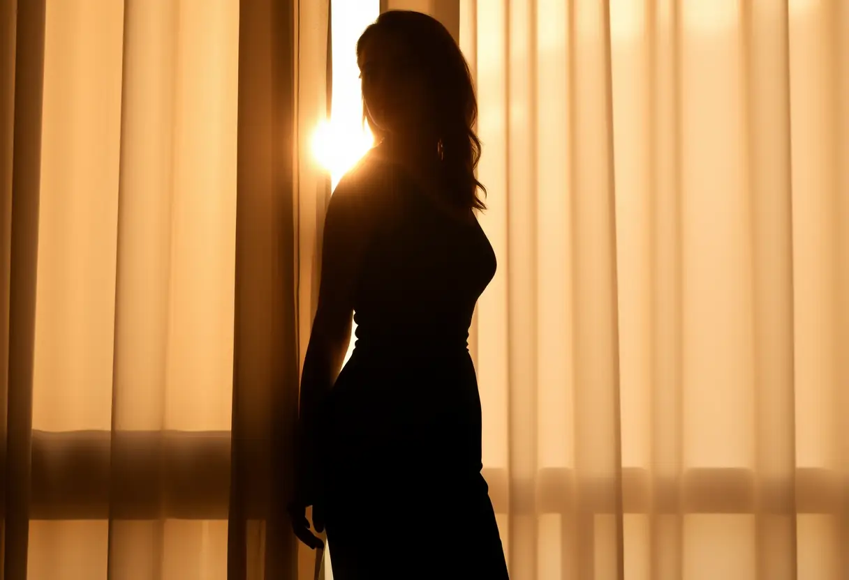 Silhouette de femme près d'une fenêtre éclairée par le soleil, posture détendue.