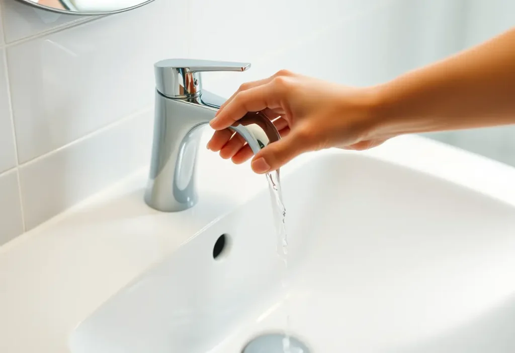 Une main qui tourne un robinet chromé dans une salle de bains, éclairée naturellement