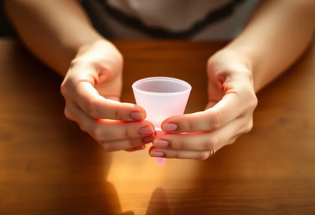 Des mains tenant un cup menstruel posé sur une table en bois, éclairé par une lumière tamisée, illustrant le soin et la conscience de soi.