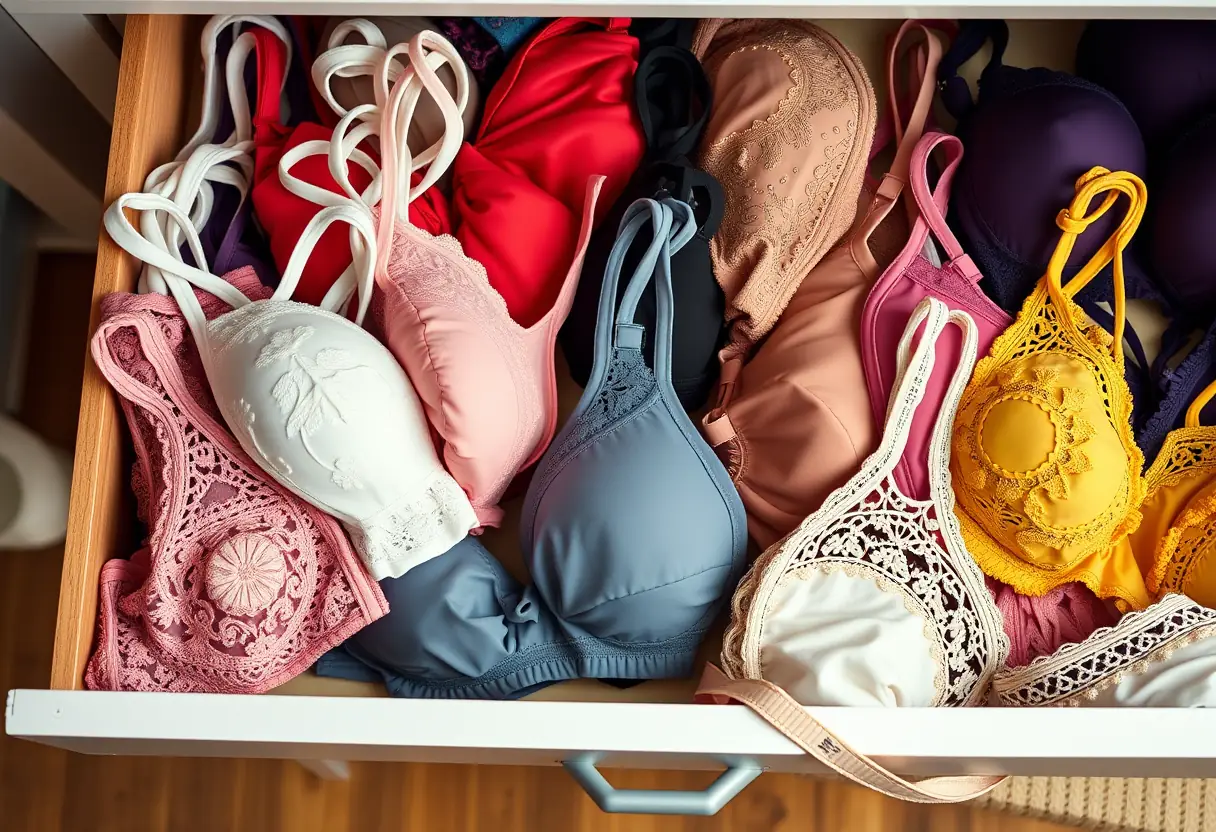 Un tiroir bien rangé rempli de soutiens-gorge colorés et variés.