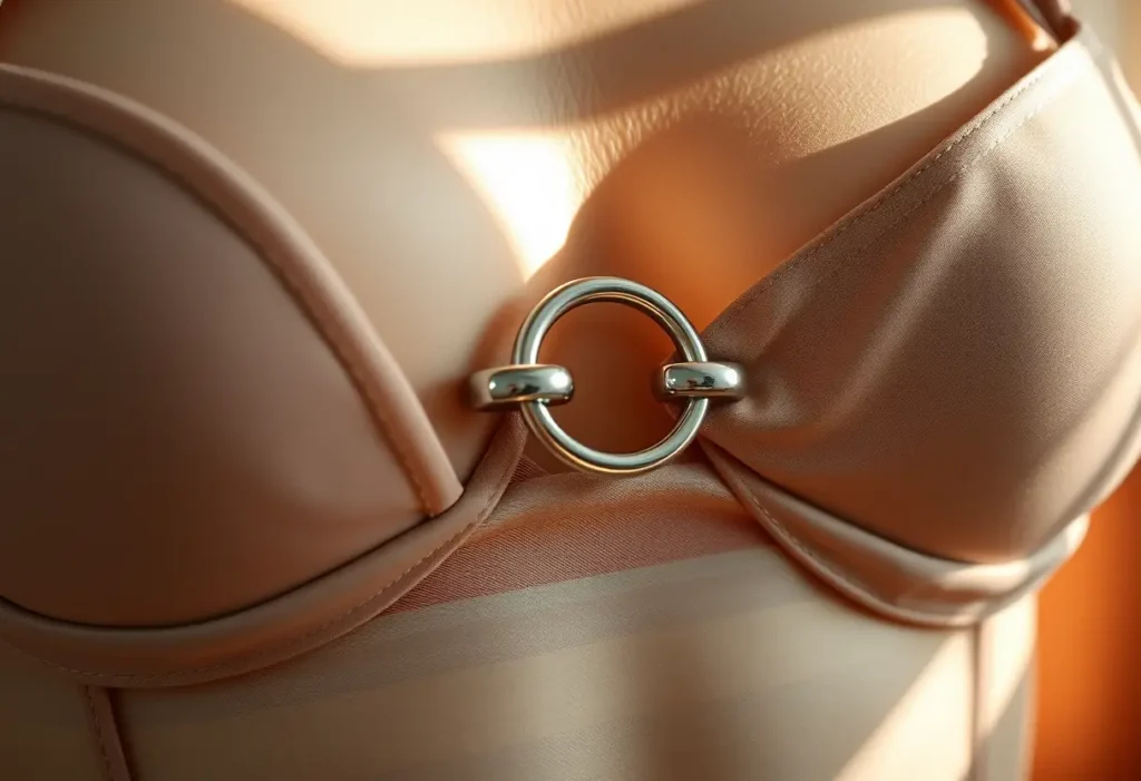 Un plan rapproché d'un fermoir métallique d'un soutien-gorge, reflétant une lumière subtile, symbolisant le soutien et la sécurité qu'il offre